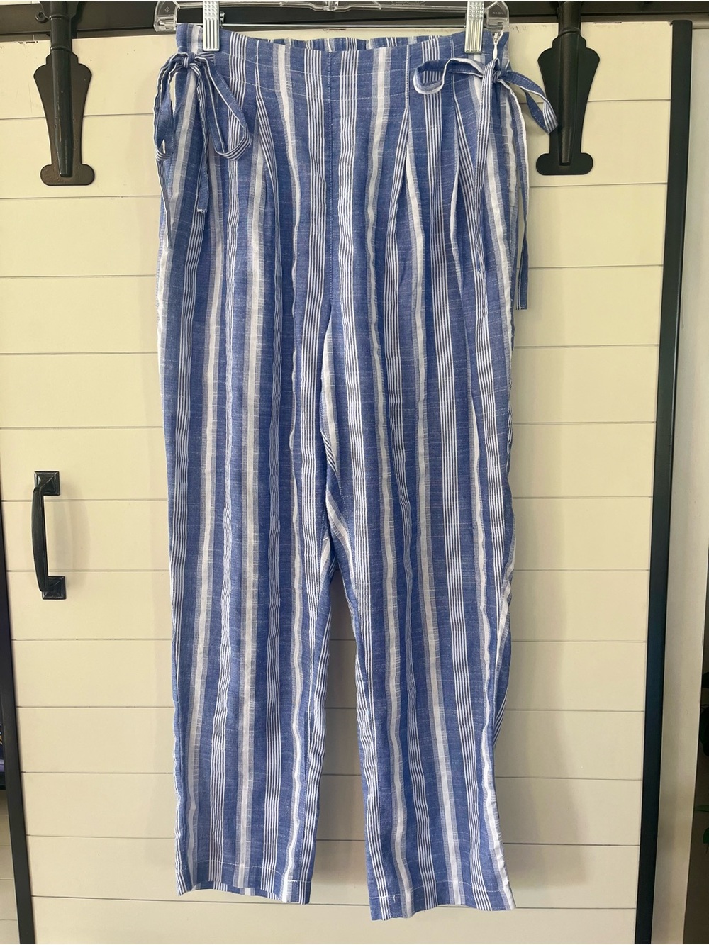 Everly Blue & White Striped Tie-Waist Pants Lightweight Nautical Summer Bows
